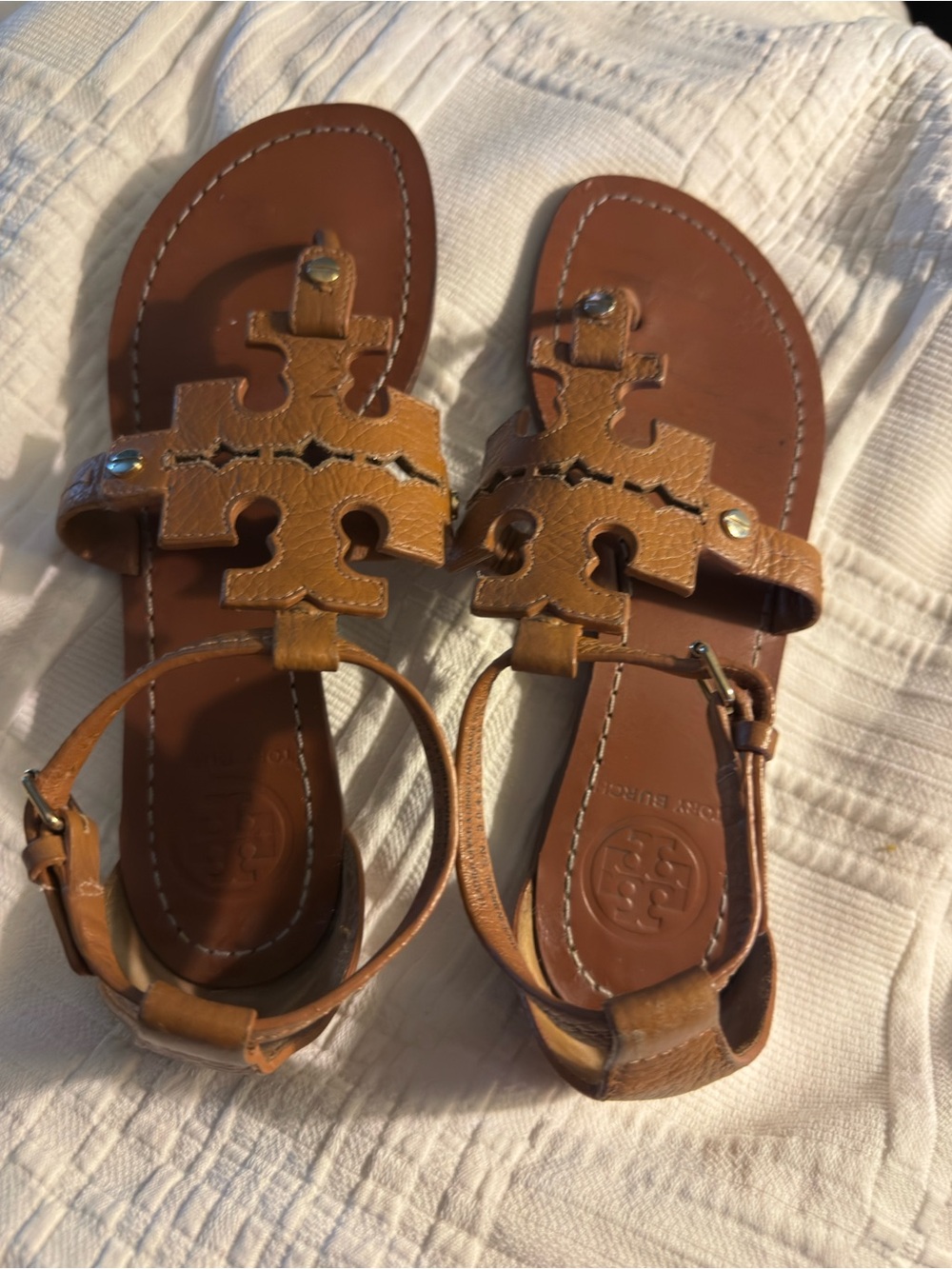Tory Burch Tan Leather Miller Logo Sandals
